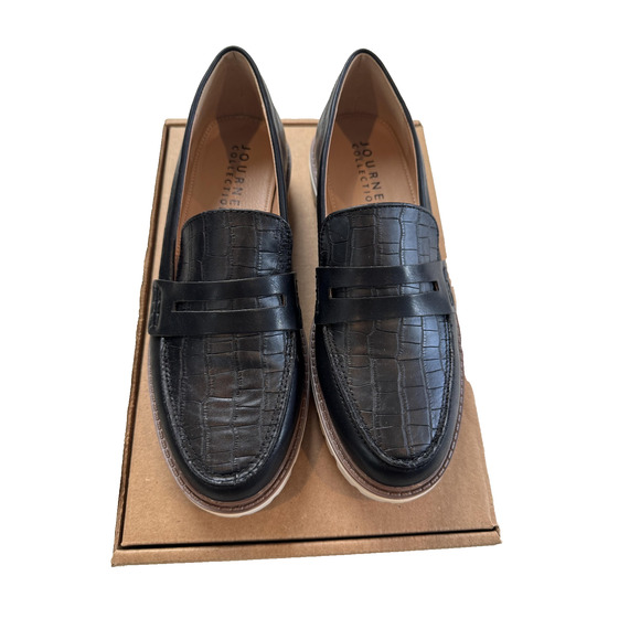 Journee Collection Kenly Shoes Womens Size 8.5 Black Loafers Croc Embossed Sole - Picture 1 of 12